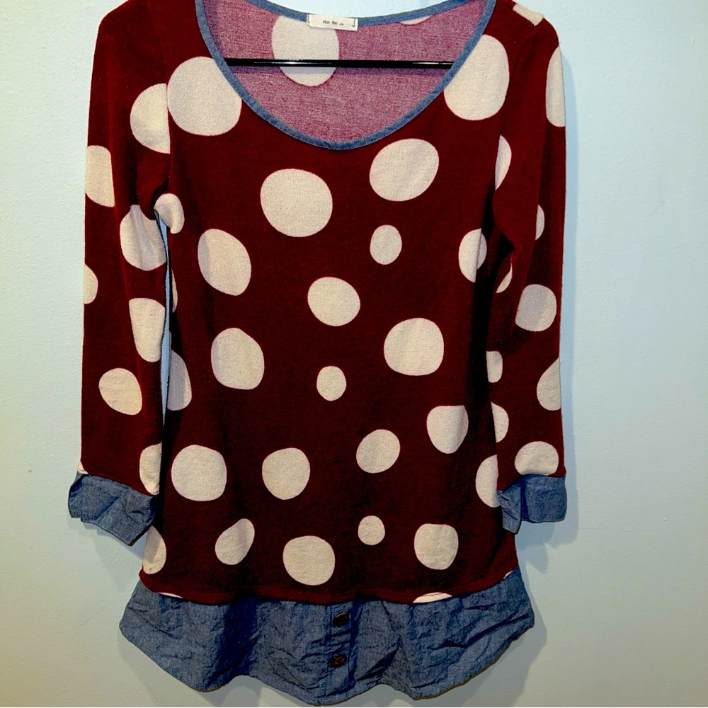 12 pm by Mon Ami Long Sleeve navy blue, burgundy, white pocka dot  Size Small